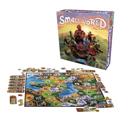 Small World, a light-hearted civilization game, showing the game box cover and the contents of the box. Includes the game board, cards, and other items needed for play
