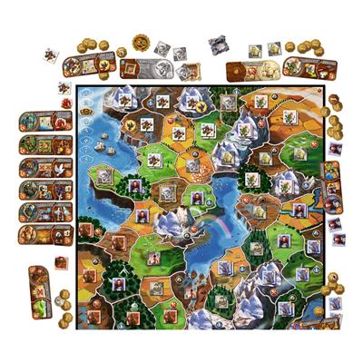 Small World, a light-hearted civilization game, photo shows the game board and other items used in play