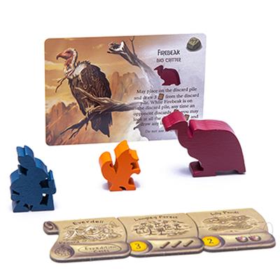 EVERDELL: SPIRECREST 2ND EDITION, showing cards, tokens, and accessories for the game. Family game, fantasy board game