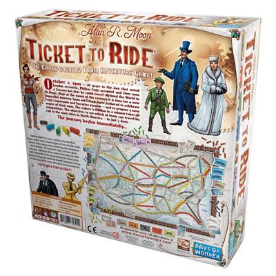 Ticket to ride board game showcasing the back side of the box art.