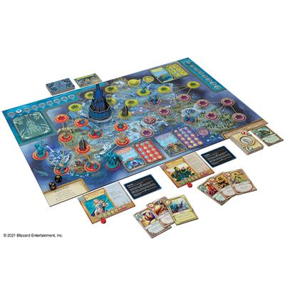 WORLD OF WARCRAFT: WRATH OF THE LICH KING Board Game, Fantasy Board Game showing game board with cards and accessories