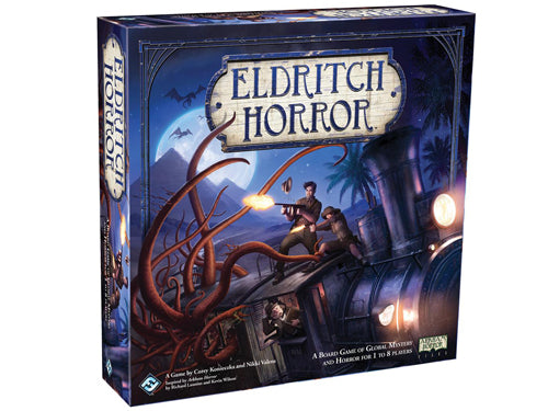 Eldritch Horror Board Game Front Cover. Showing 3 people fighting off the mysterious horror